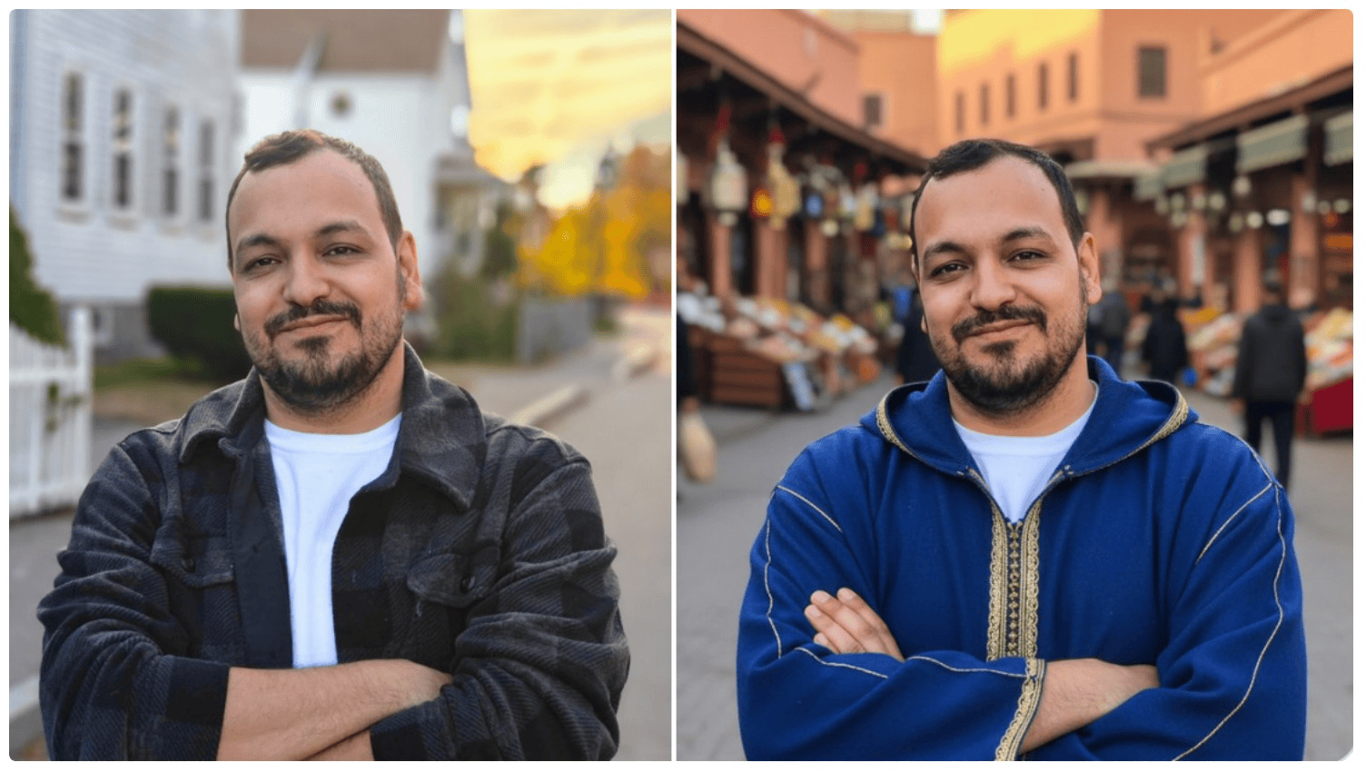 Prompt: Change the background to Marrakech and the clothes to a Moroccan Djellaba.