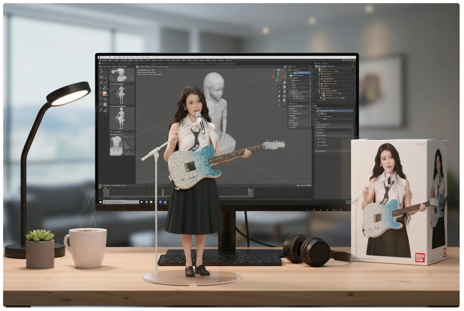 Prompt: Using the nano-banana model, a commercial 1/7 scale figurine of the character in the picture was created, depicting a realistic style and a realistic environment. The figurine is placed on a computer desk with a round transparent acrylic base. There is no text on the base. The computer screen shows the Zbrush modeling process of the figurine. Next to the computer screen is a BANDAI-style toy box with the original painting printed on it.