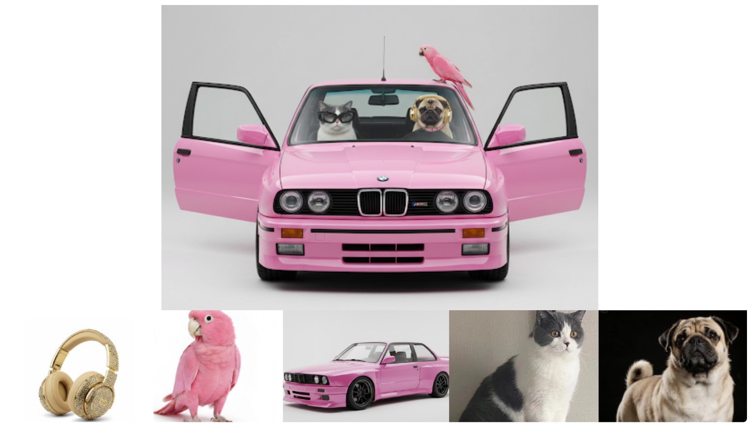 Prompt: Merge all references into one photoreal product-style scene. Scene: a pink BMW on a light grey seamless studio background. Doors open so we can clearly see inside. Subjects inside the car: – Driver seat: the cat, front-facing, wearing black sunglasses. – Passenger seat: the pug, wearing a pink collar and gold headphones around its neck/ears. Extra element: the pink parrot perched on the passenger headrest inside the car. Keep the car's paint, wheels and proportions; realistic reflections on the windshield, soft studio lighting, shallow depth of field, 35 mm perspective. Clean composition, no humans, no additional props, no text or watermarks.