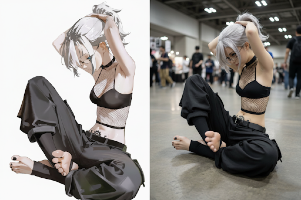 Prompt: Generate a highly detailed photo of a girl cosplaying this illustration, at Comiket. Exactly replicate the same pose, body posture, hand gestures, facial expression, and camera framing as in the original illustration. Keep the same angle, perspective, and composition, without any deviation.