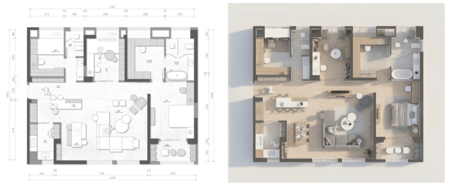 Prompt: Help me convert this residential floor plan into an isometric photorealistic 3D rendering of the house.